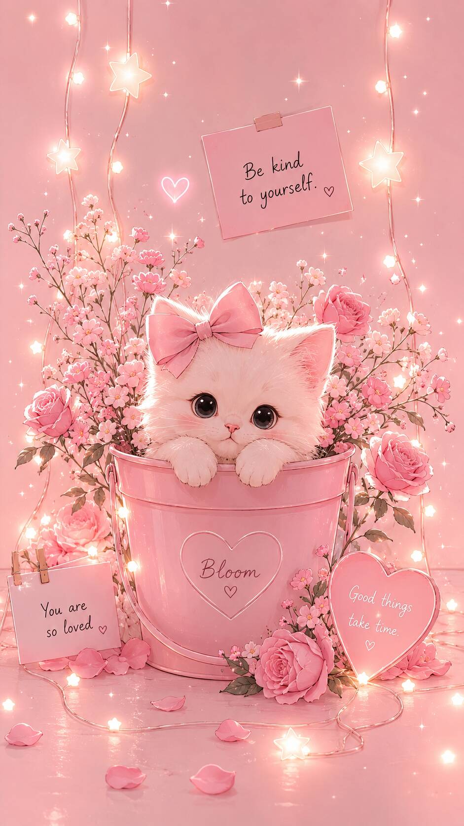 Papel de Parede de Gatinha Fofa com Laço Rosa em Vaso 4K