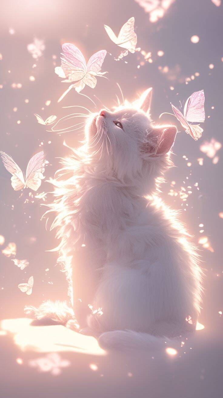 Papel de Parede de Gato Branco com Borboletas para Celular/iPhone 4K