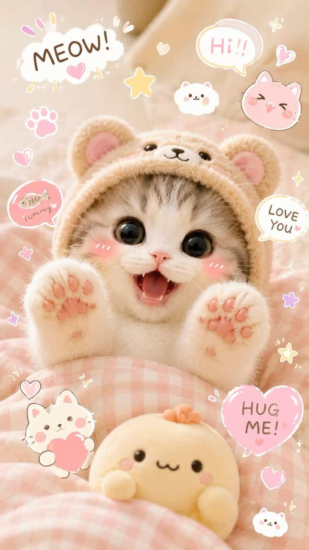 Papel de Parede de Gatinho Fofo com Chapéu de Urso para Celular/iPhone 4K