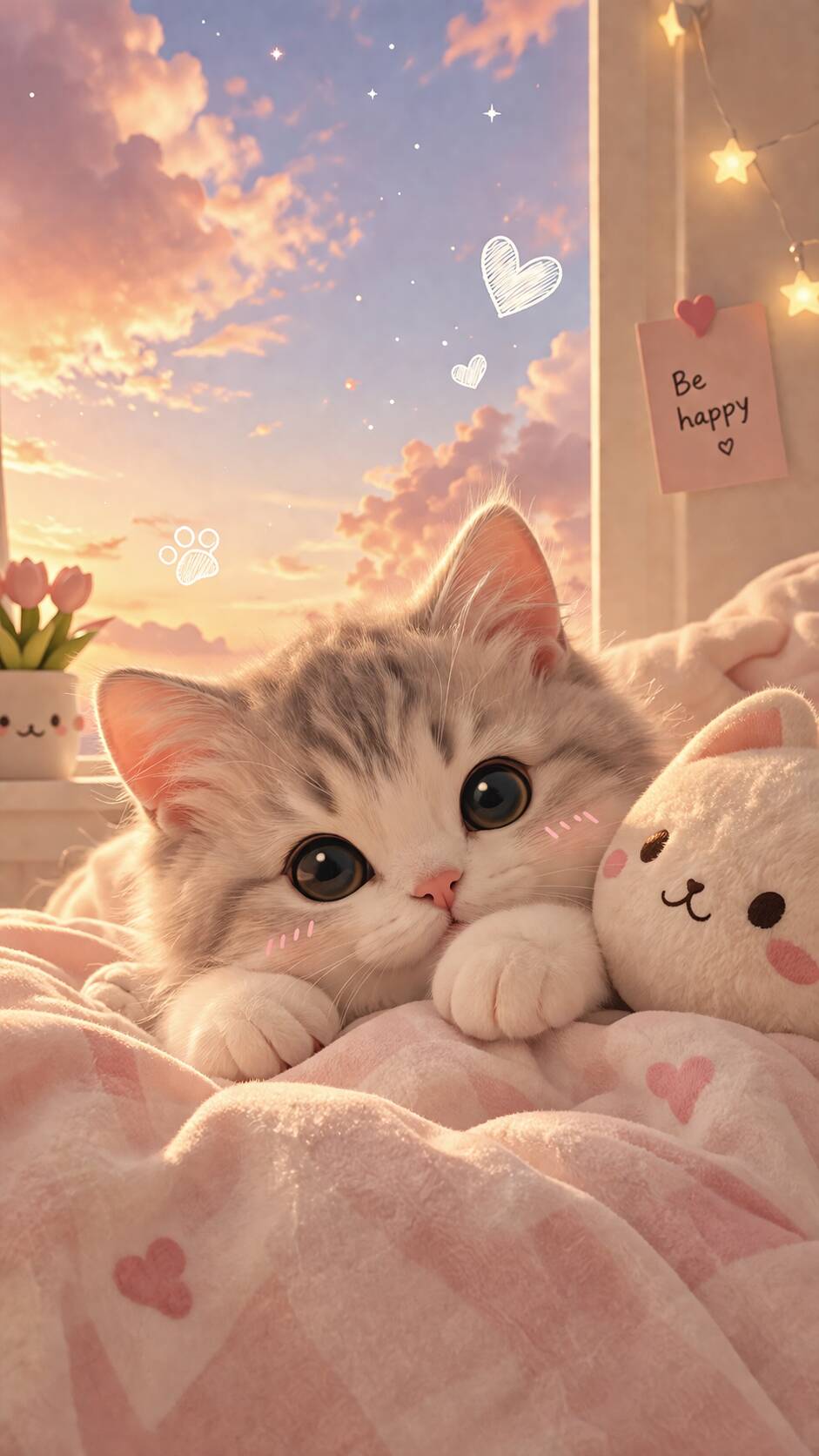 Papel de Parede de Gato Fofo com Olhos Grandes e Fundo de Pôr do Sol para Celular/iPhone 4K