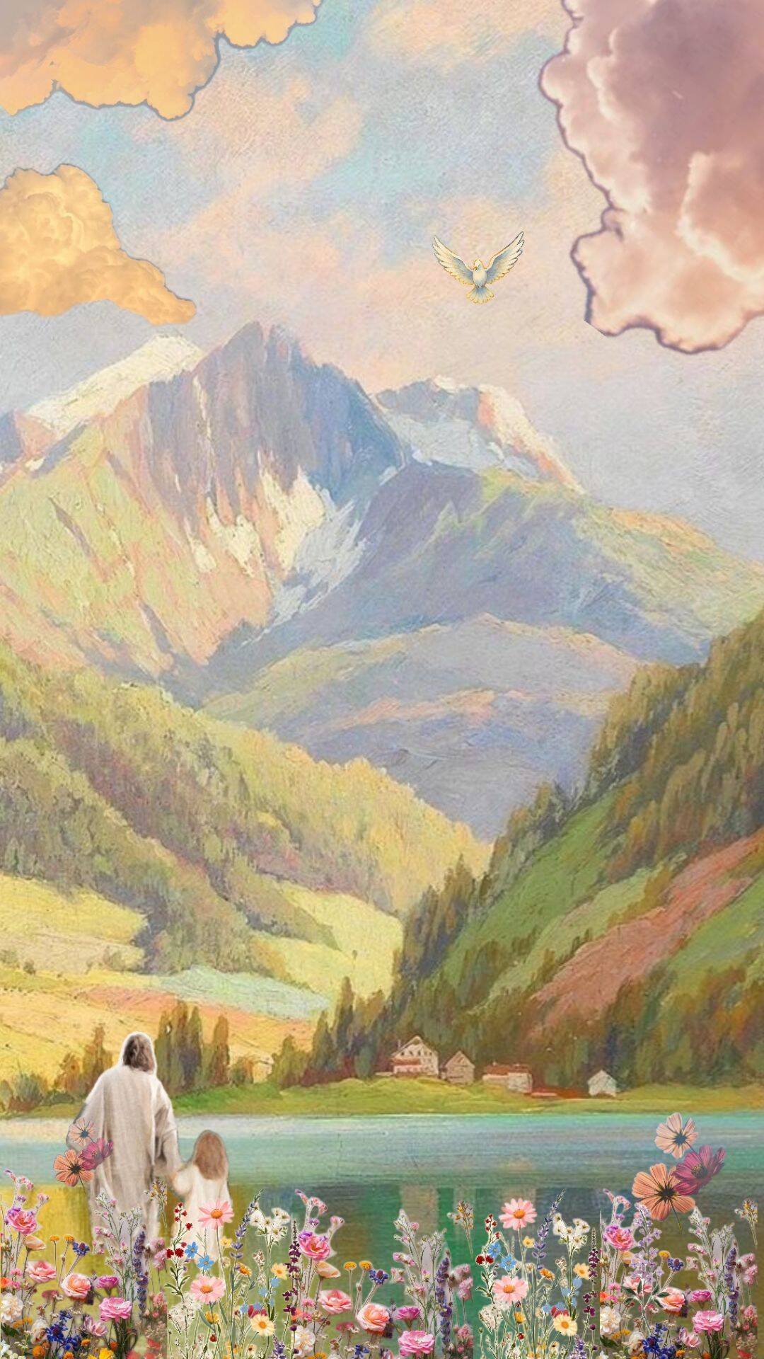 Papel de Parede Cristão com Jesus e Criança em Paisagem Natural para Celular/iPhone 4K