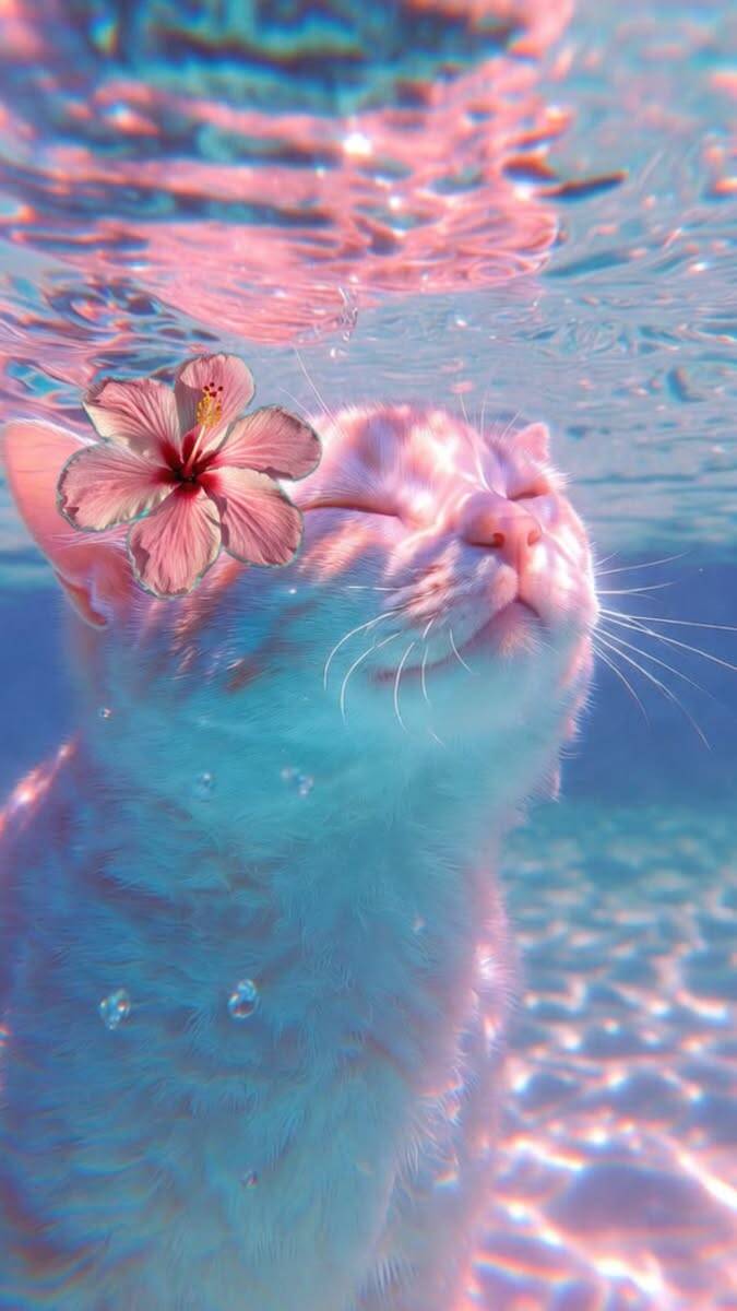 Papel de Parede de Gato Submerso com Flor para Celular/iPhone 4K