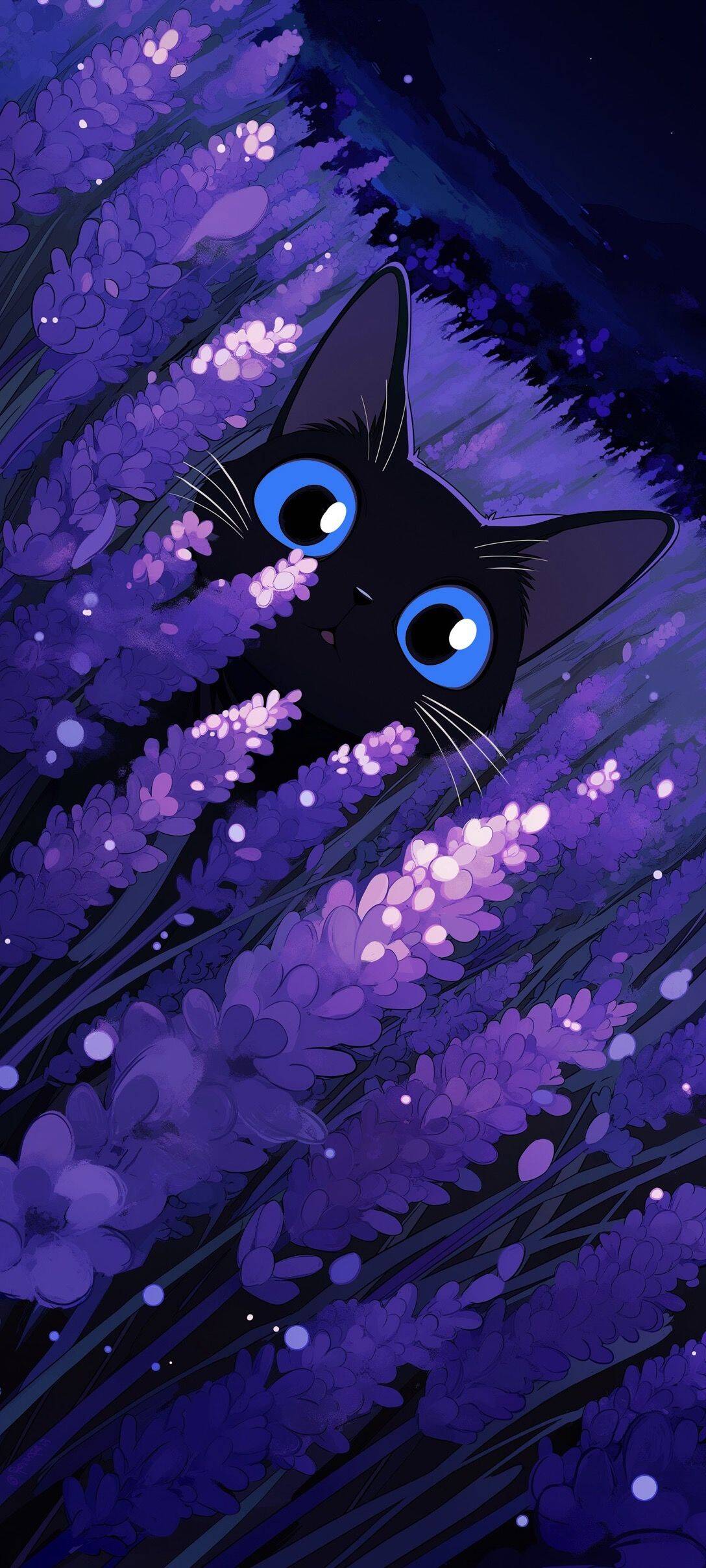 Papel de Parede de Gato Preto com Olhos Azuis entre Lavandas para Celular/iPhone 4K