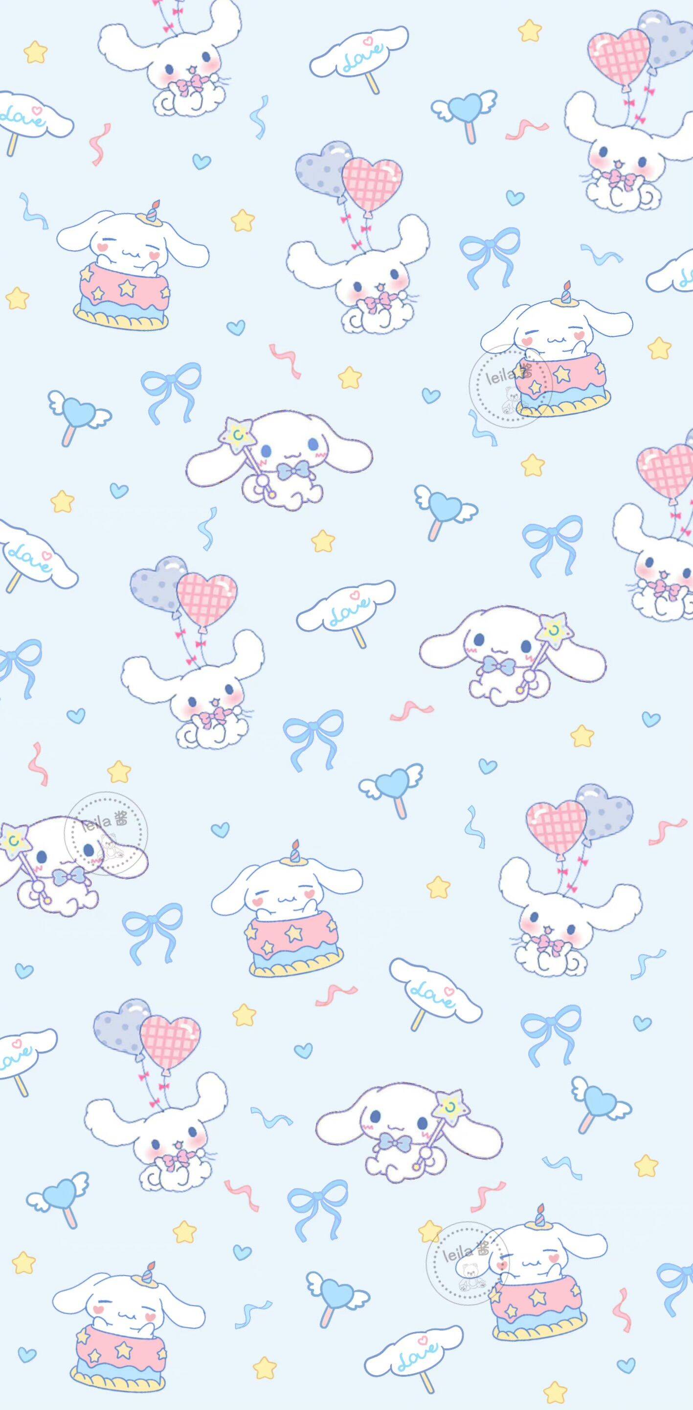 Papel de Parede Cinnamoroll Fofo com Balões e Estrelas para Celular