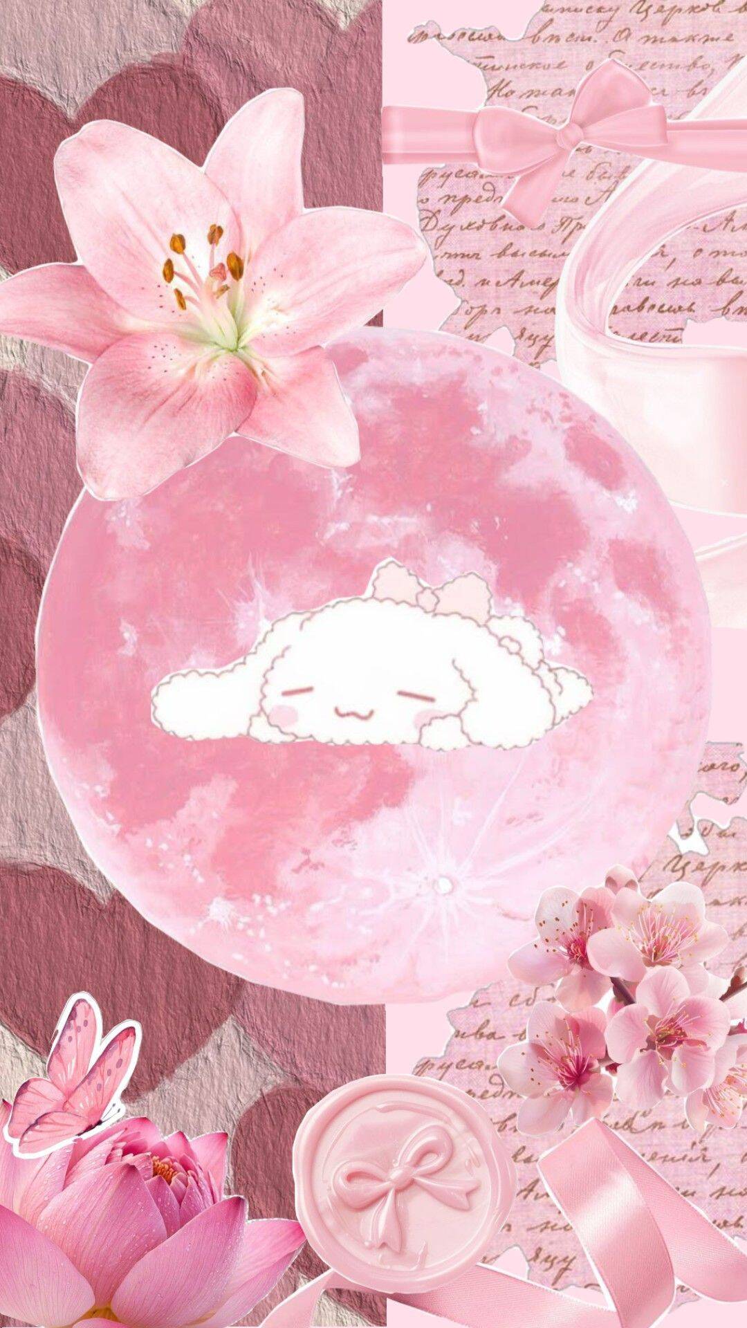 Papel de Parede Cinnamoroll Rosa com Flores para Celular/iPhone