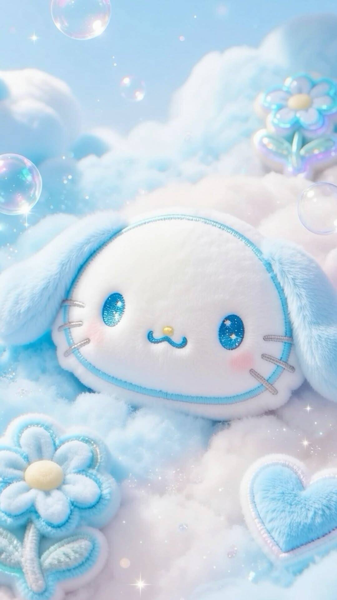 Papel de Parede Cinnamoroll Fofo com Flores e Nuvens para Celular