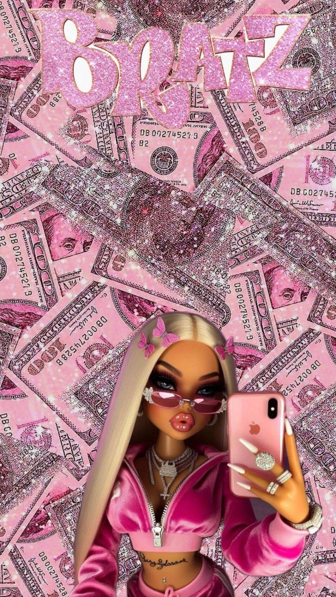 Papel de Parede Baddie com Dinheiro Rosa e Brilho para Celular/iPhone