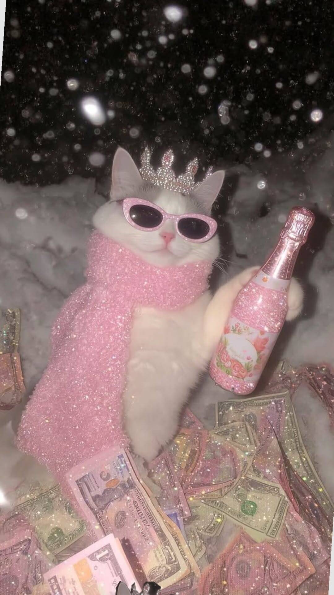 Papel de Parede Baddie Gato com Coroa e Champanhe para Celular