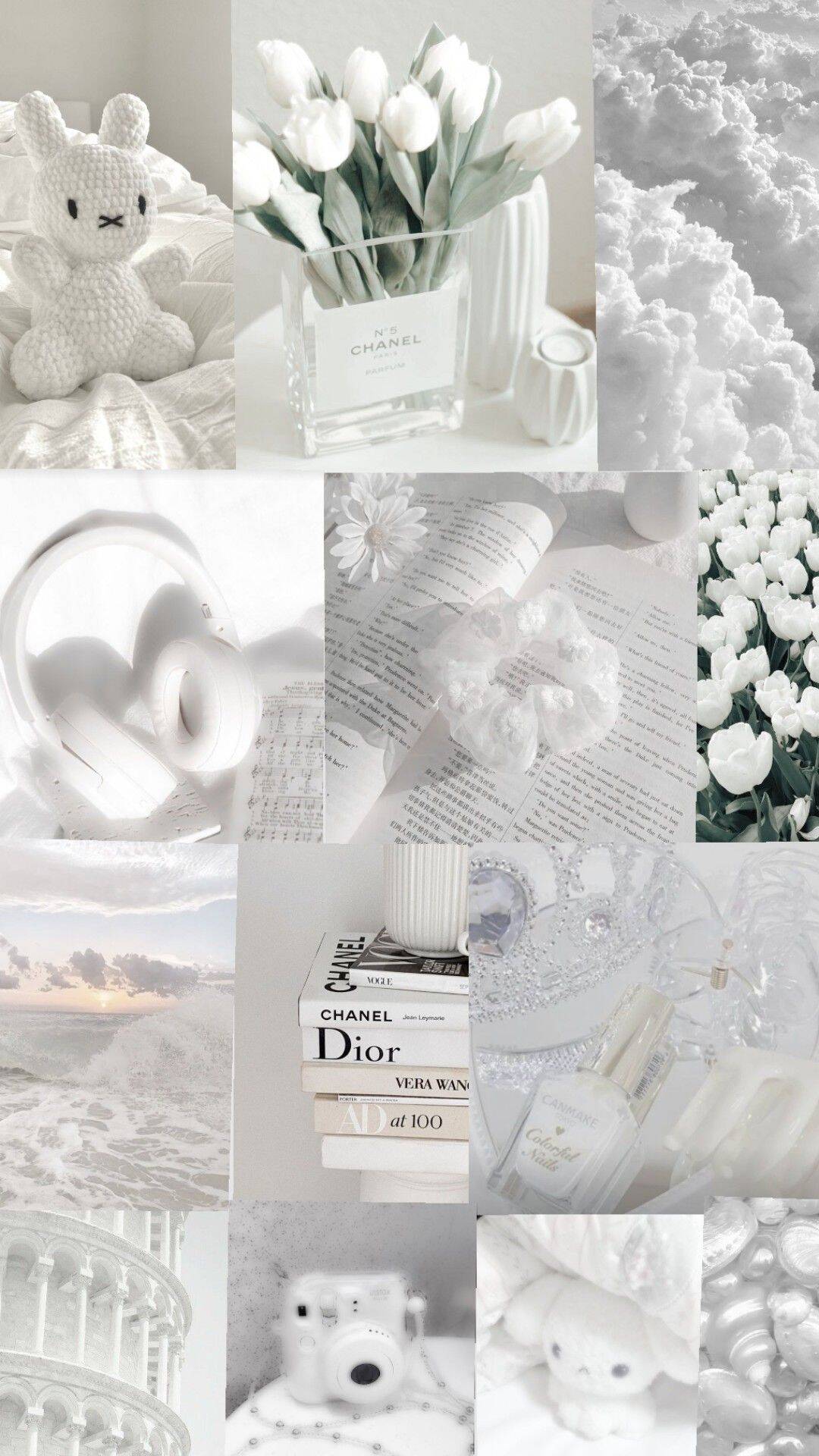 Papel de Parede Branco Aesthetic com Flores e Nuvens para Celular/iPhone 4K