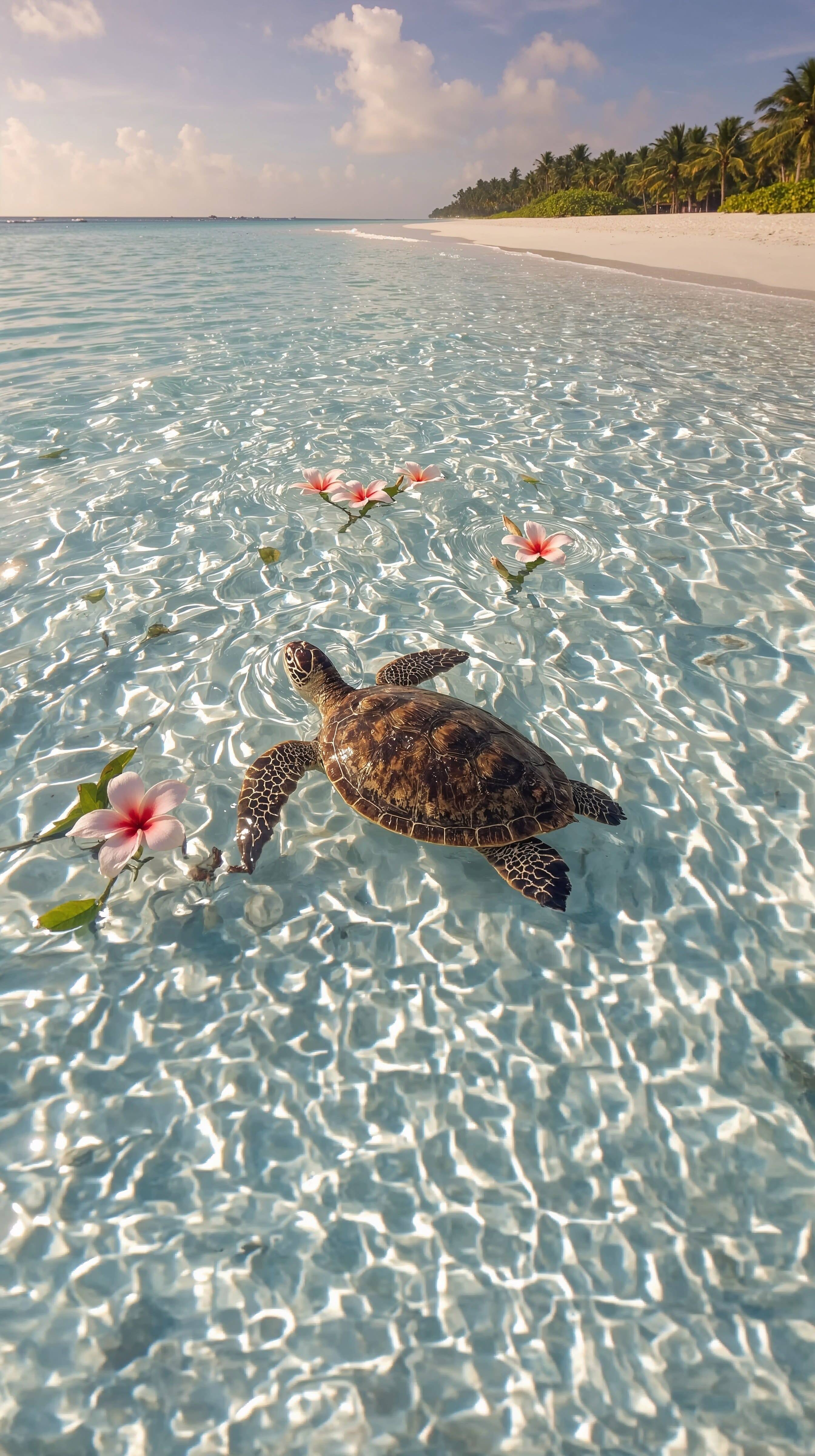 Fondo de Pantalla de Verano con Tortuga y Flores en la Playa para Móvil/iPhone 4K