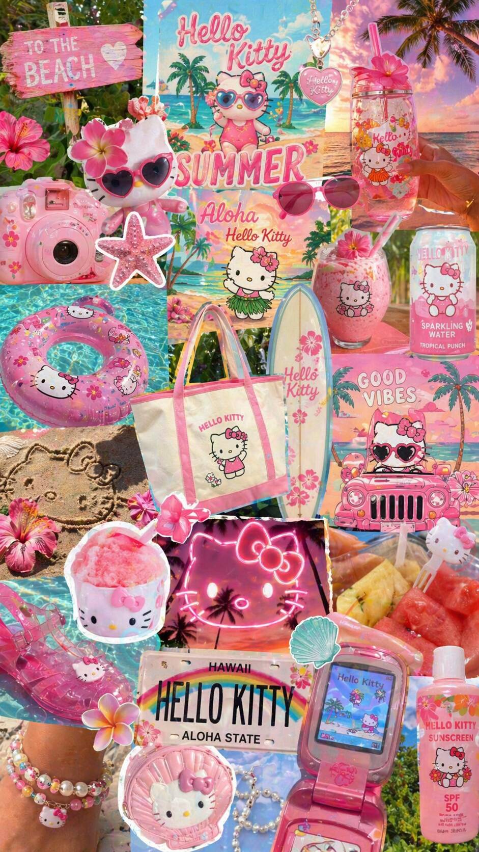 Papel de Parede de Verão da Hello Kitty com Praia e Frutas para Celular/iPhone 4K