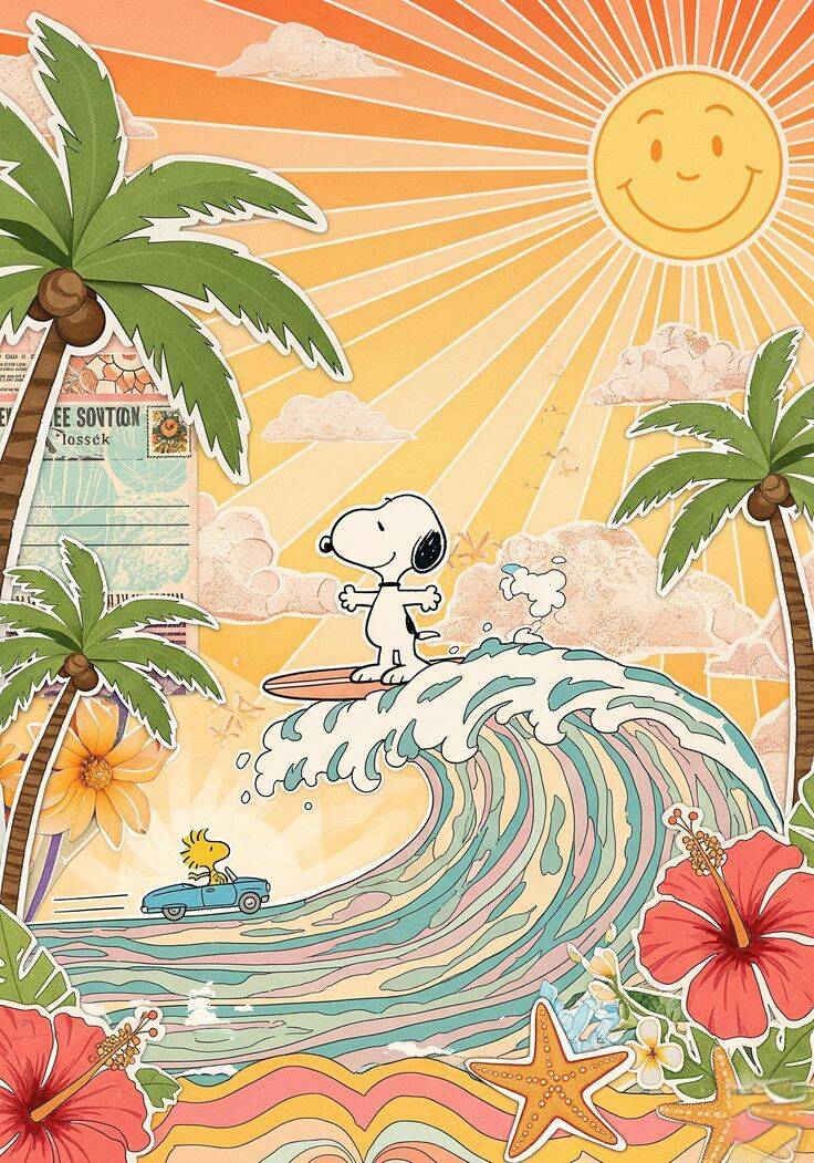 Papel de Parede de Verão com Snoopy Surfando na Praia para Celular/iPhone 4K