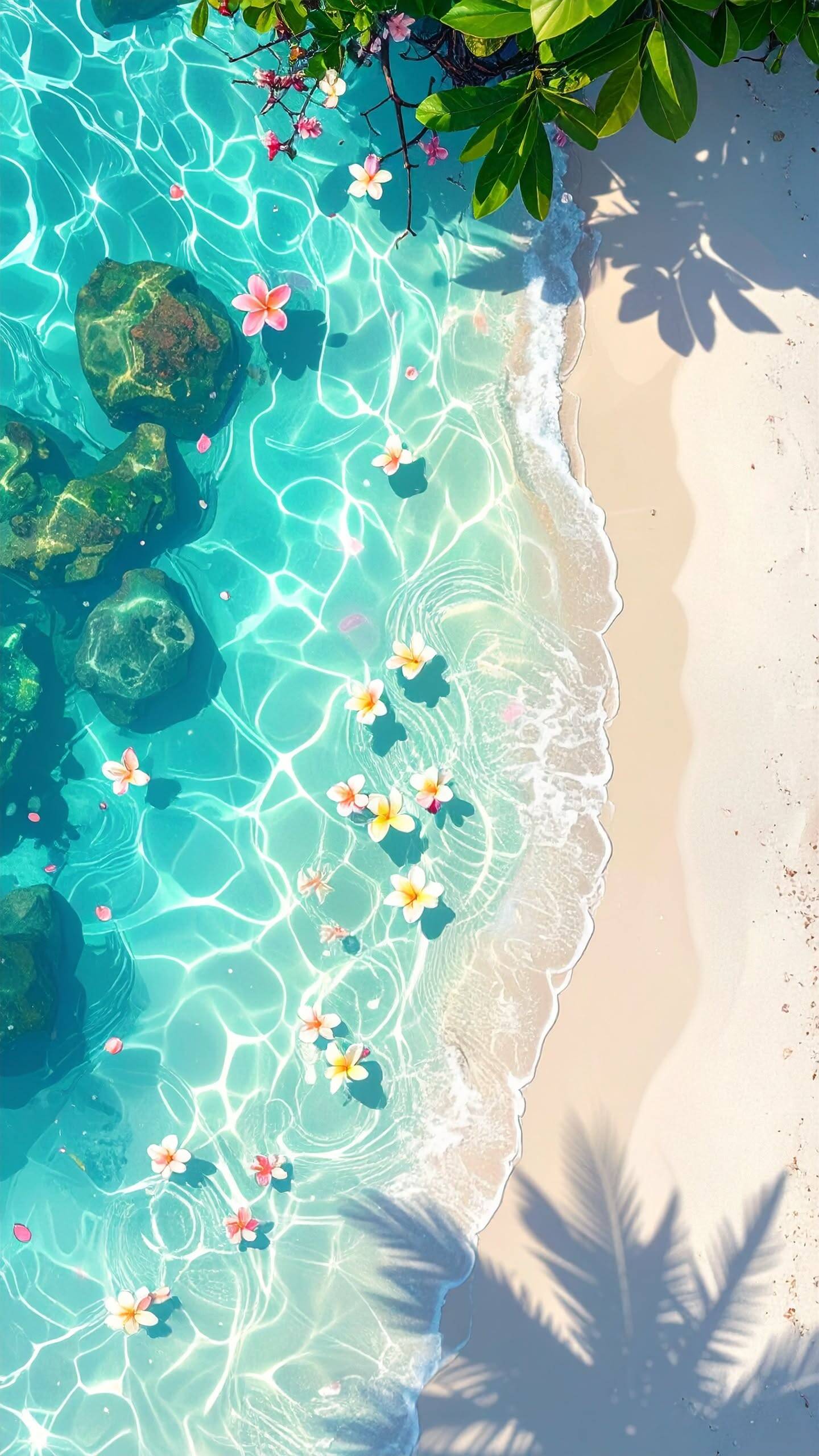 Papel de Parede de Verão com Água Cristalina e Flores para Celular/iPhone 4K