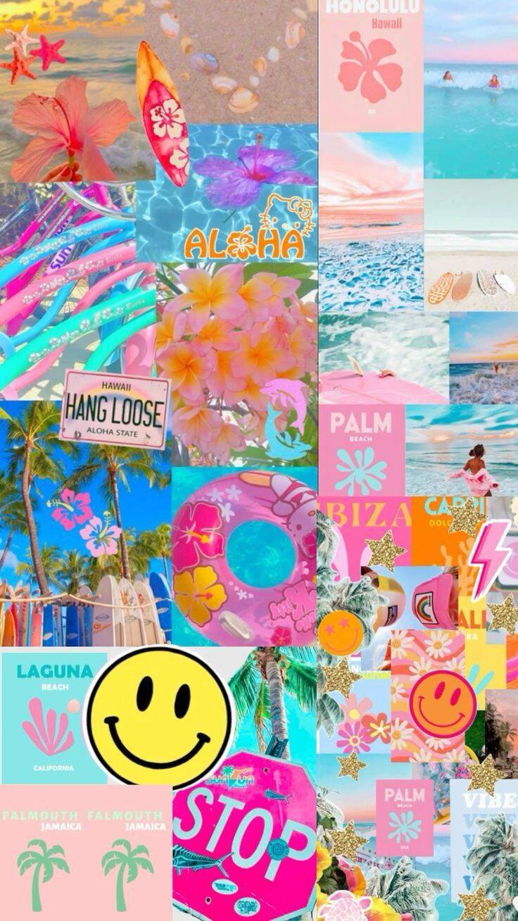 Papel de Parede de Verão Colorido com Praia e Elementos Tropicais para Celular/iPhone 4K