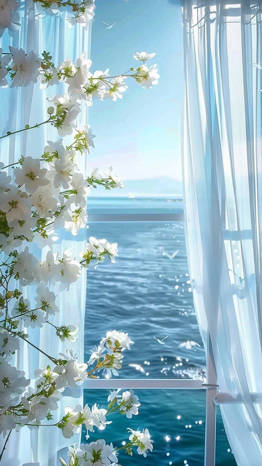 Fondo de Pantalla Blanco con Flores Blancas y Vistas al Mar para Móvil/iPhone 4K