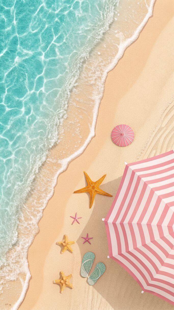 Papel de Parede de Verão com Praia e Guarda Sol Rosa para Celular/iPhone 4K