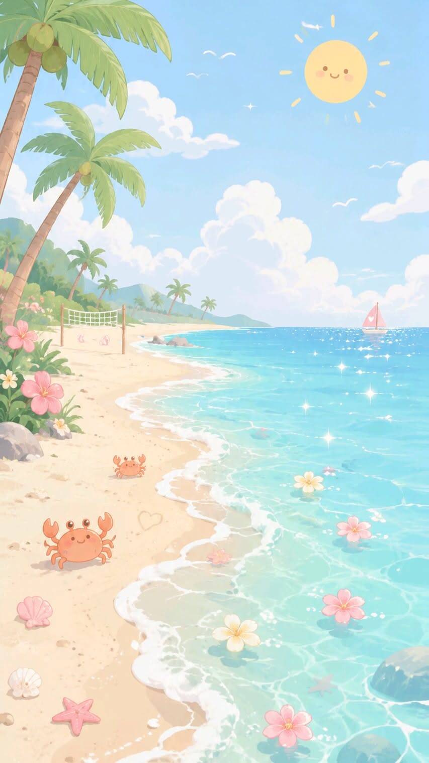 Fond d'écran d'été avec plage, crabe et fleurs pour téléphone portable/iPhone 4K