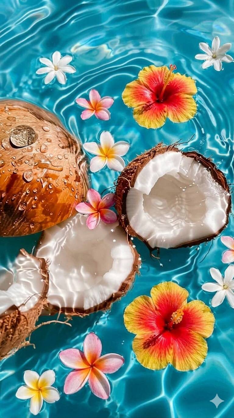 Fond d'écran d'été avec noix de coco et fleurs pour mobile/iPhone 4K