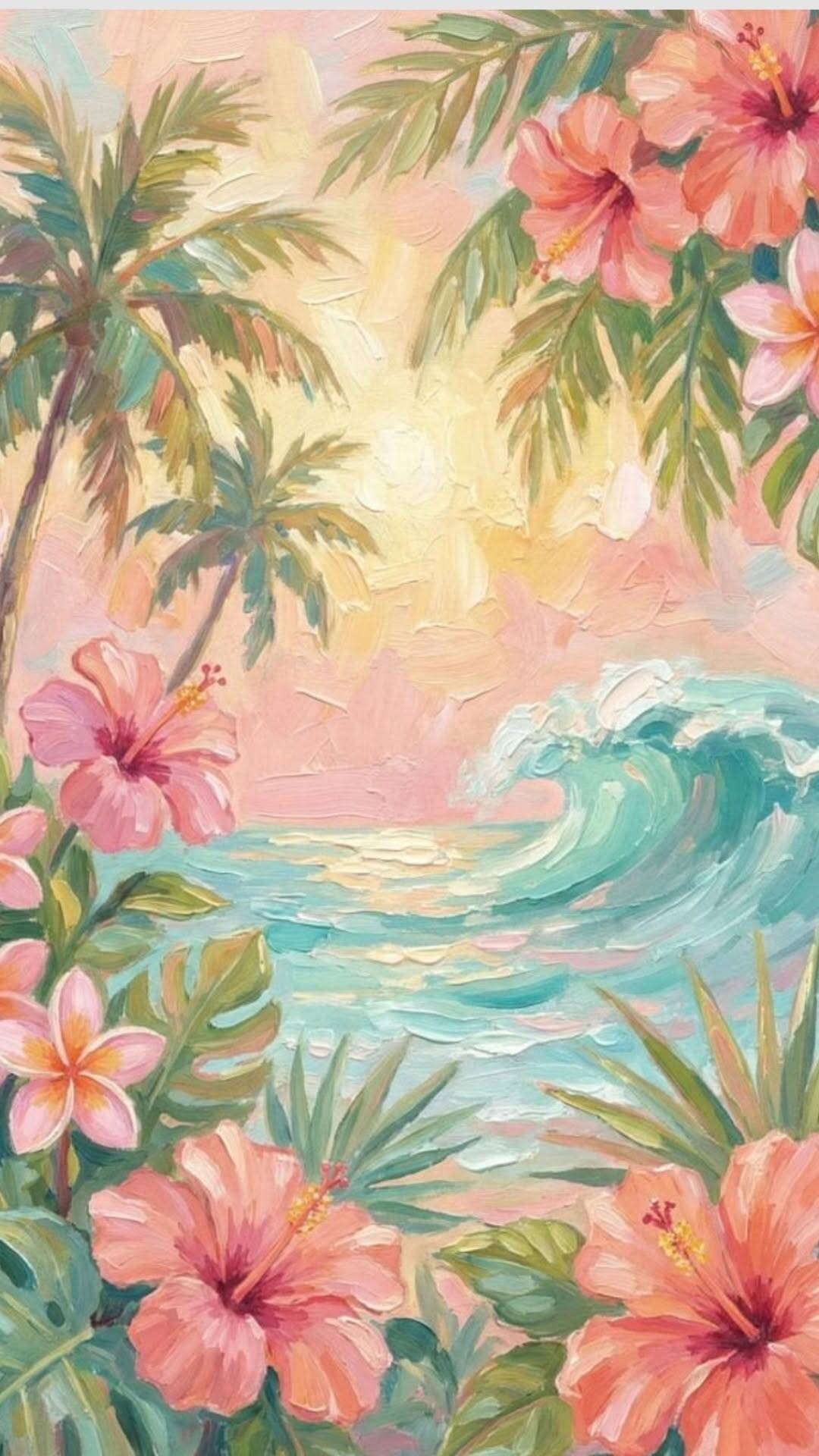 Papel de Parede de Verão com Flores e Ondas para Celular/iPhone 4K