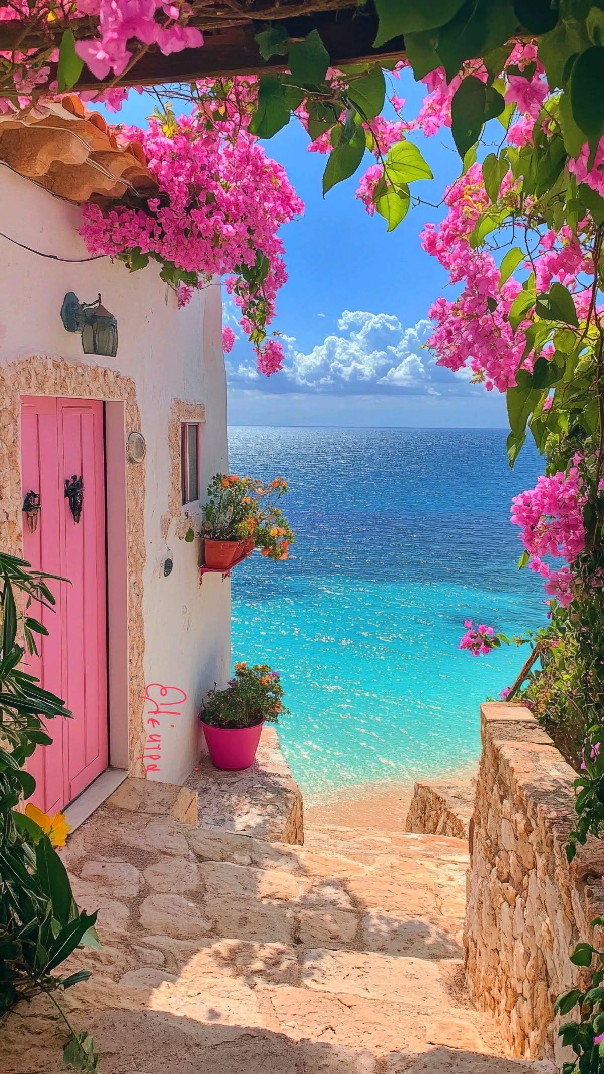 Papel de Parede de Verão com Vista para o Mar e Flores para Celular/iPhone 4K