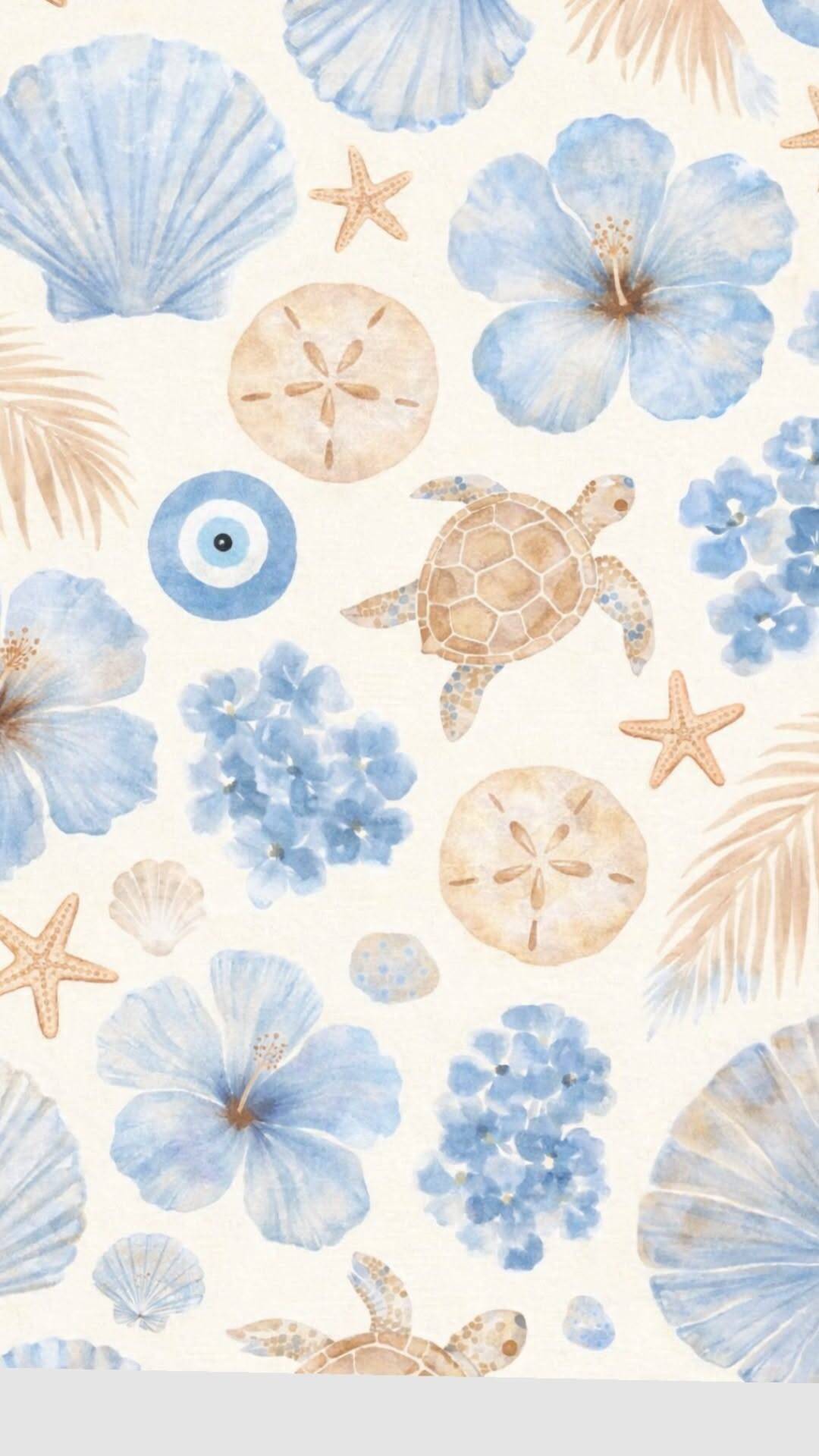 Papel de Parede de Verão com Tartarugas e Conchas para Celular/iPhone 4K