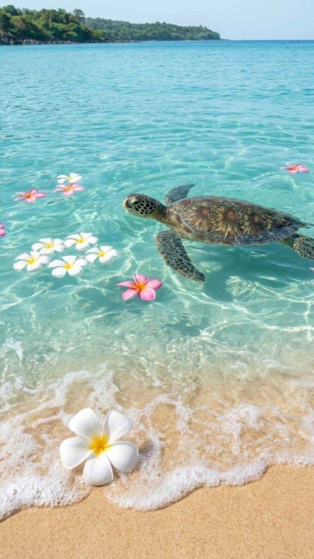 Papel de Parede de Verão com Tartaruga e Flores na Praia para Celular/iPhone 4K