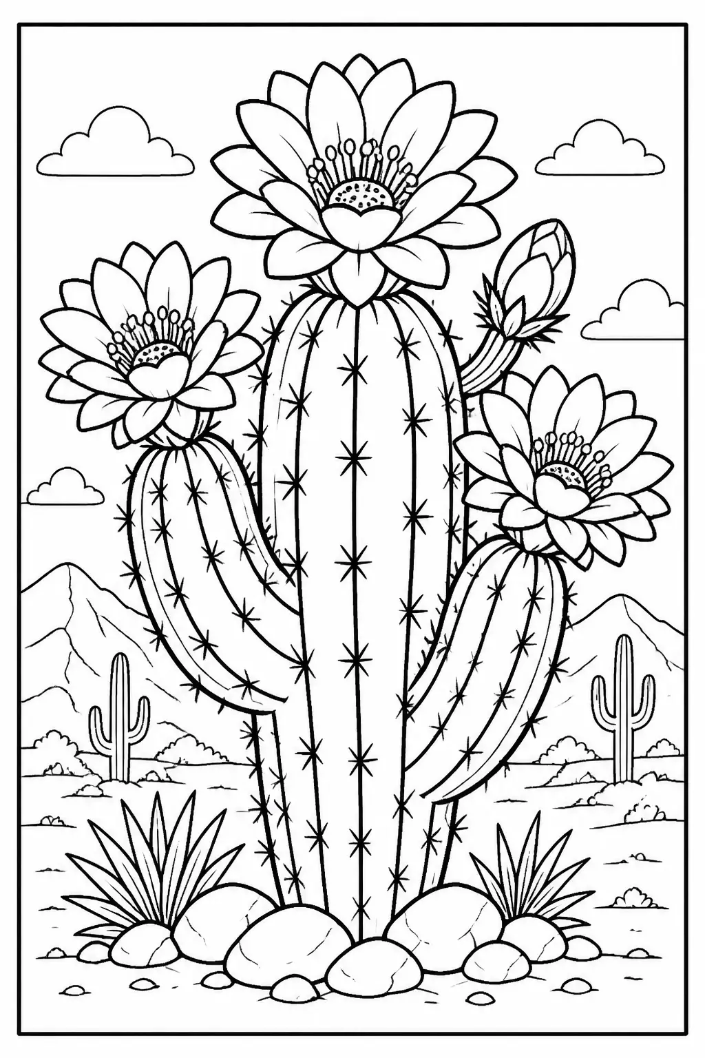 Desenho de Cacto com Flores para Colorir