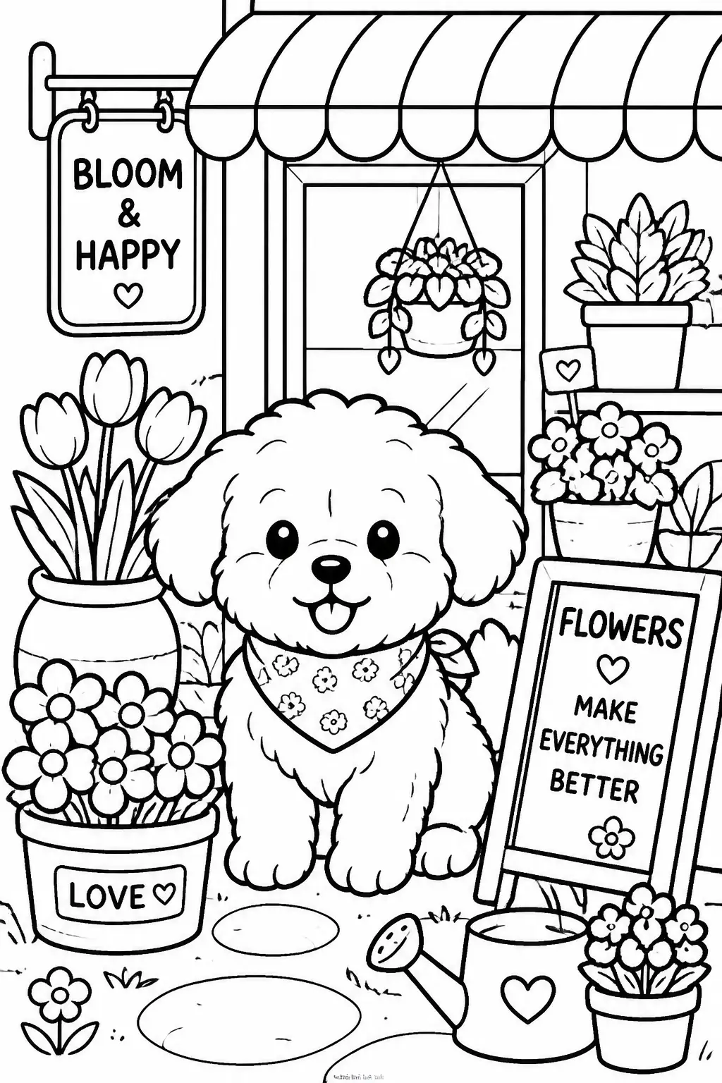 Desenho de Coco Wyo com Cachorrinho entre Flores para Colorir