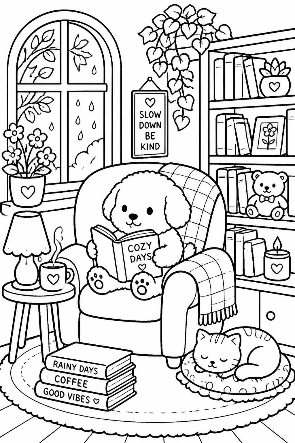 Desenho de Coco Wyo com Cachorrinho Lendo no Sofá para Colorir