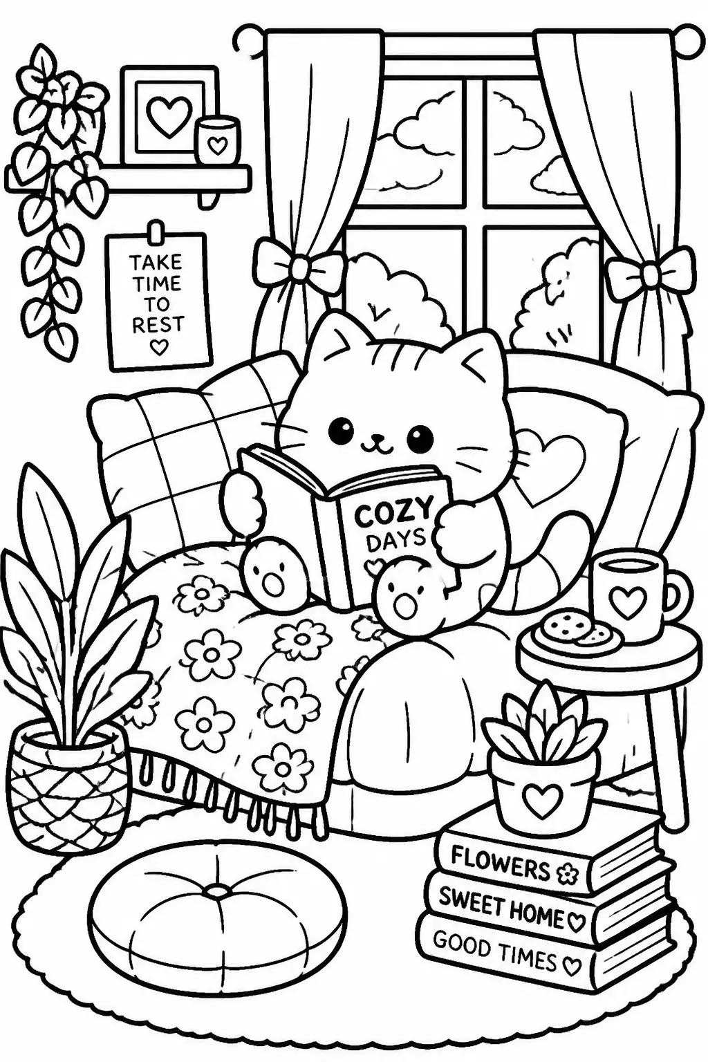 Desenho de Coco Wyo Gato Lendo em um Quarto Aconchegante para Colorir