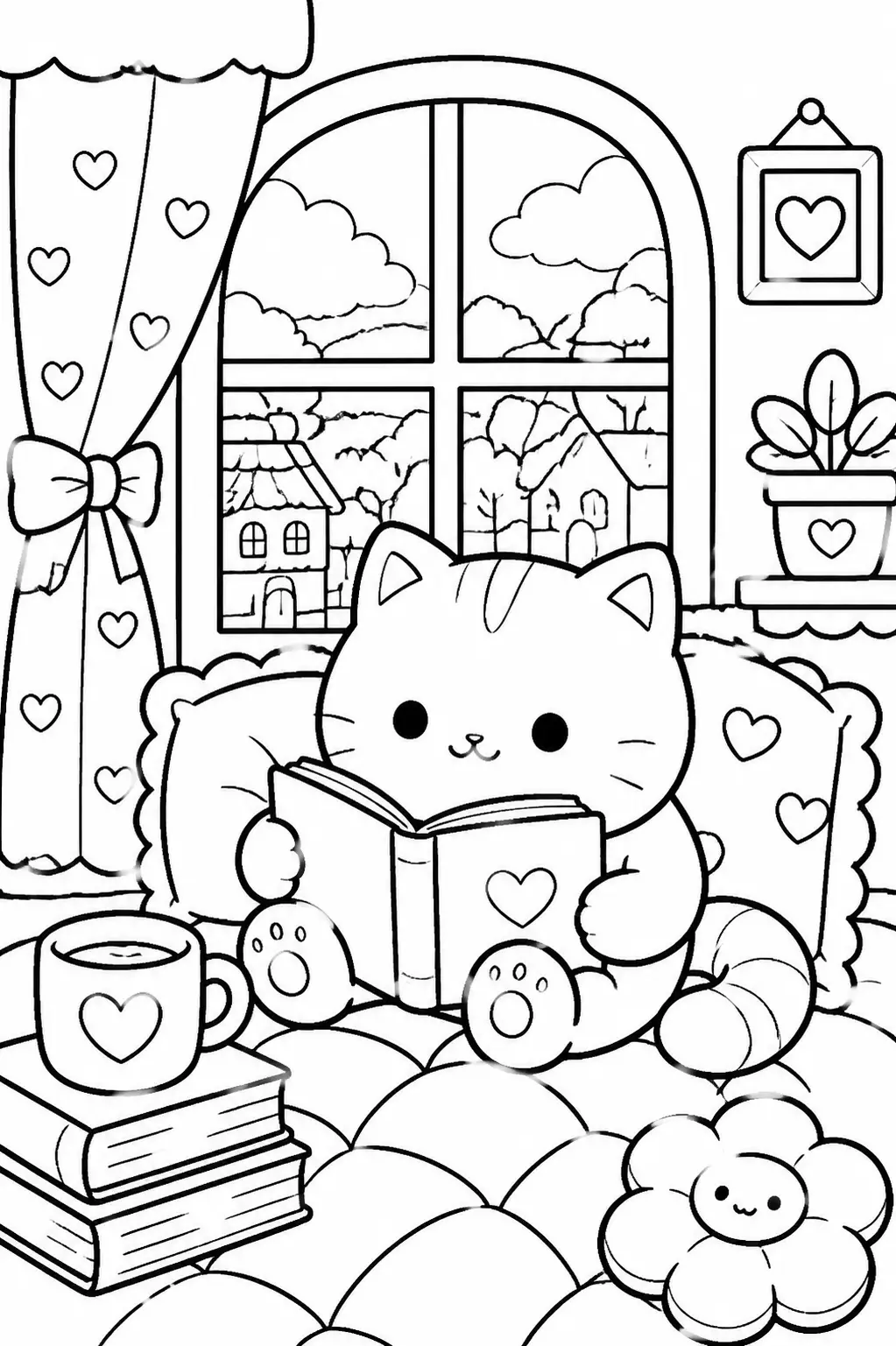 Desenho de Coco Wyo Gato Lendo Livro na Sala Aconchegante para Colorir