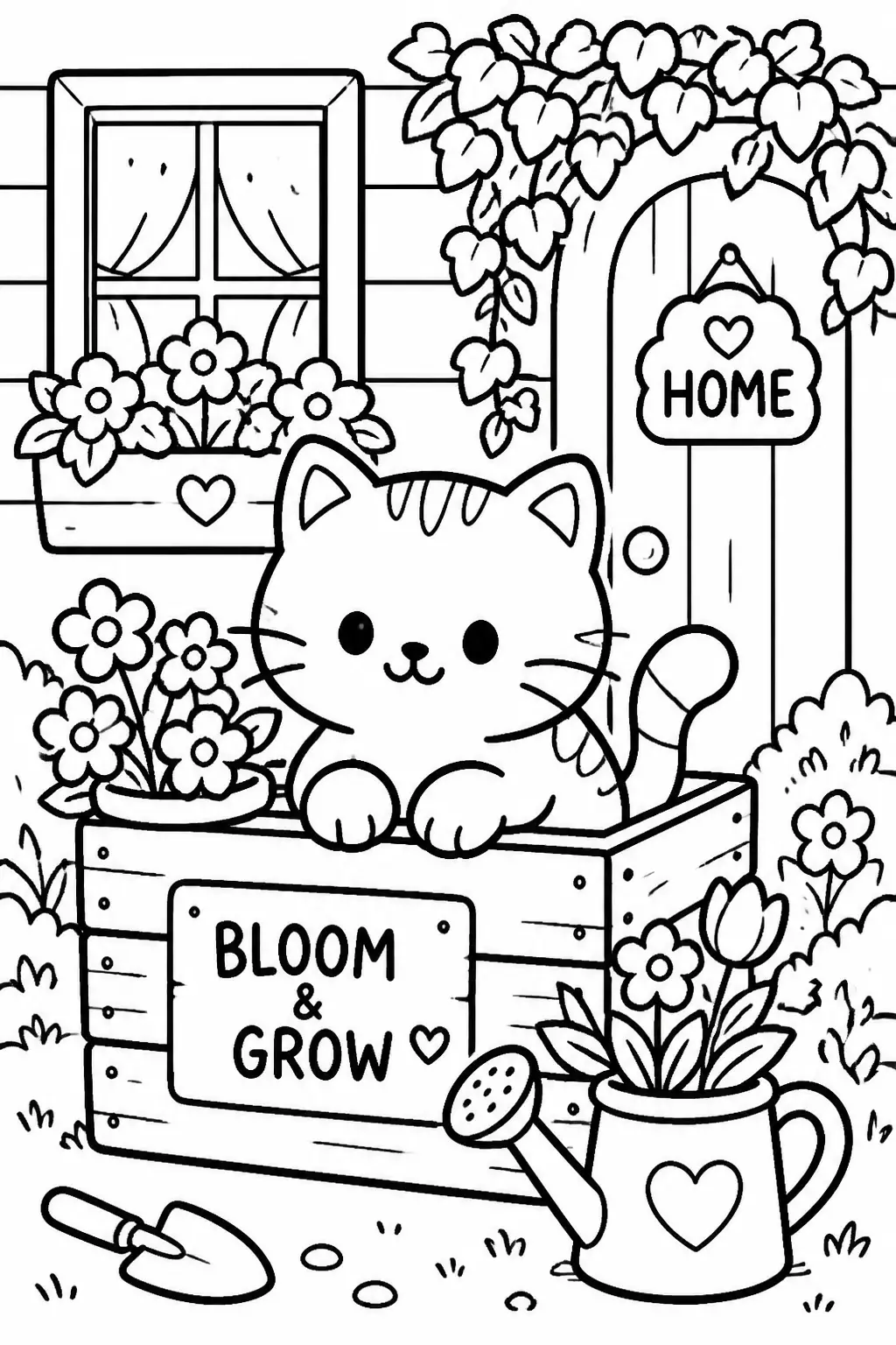 Desenho de Coco Wyo Gato no Jardim com Flores para Colorir
