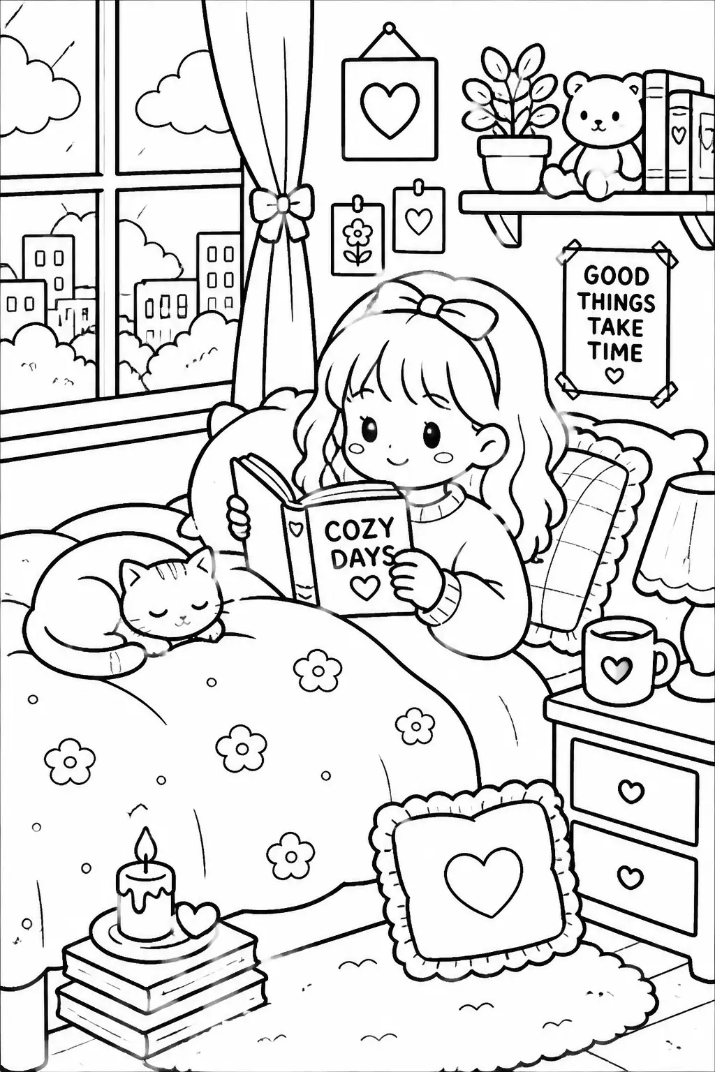 Desenho de Coco Wyo Menina Lendo no Quarto Aconchegante para Colorir