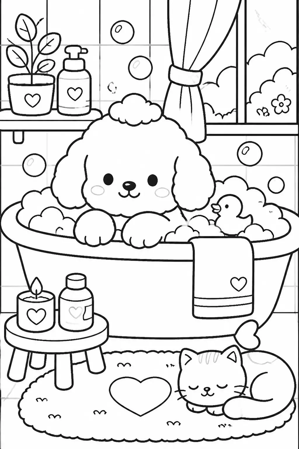 Desenho de Coco Wyo no Banho com Cachorrinho para Colorir