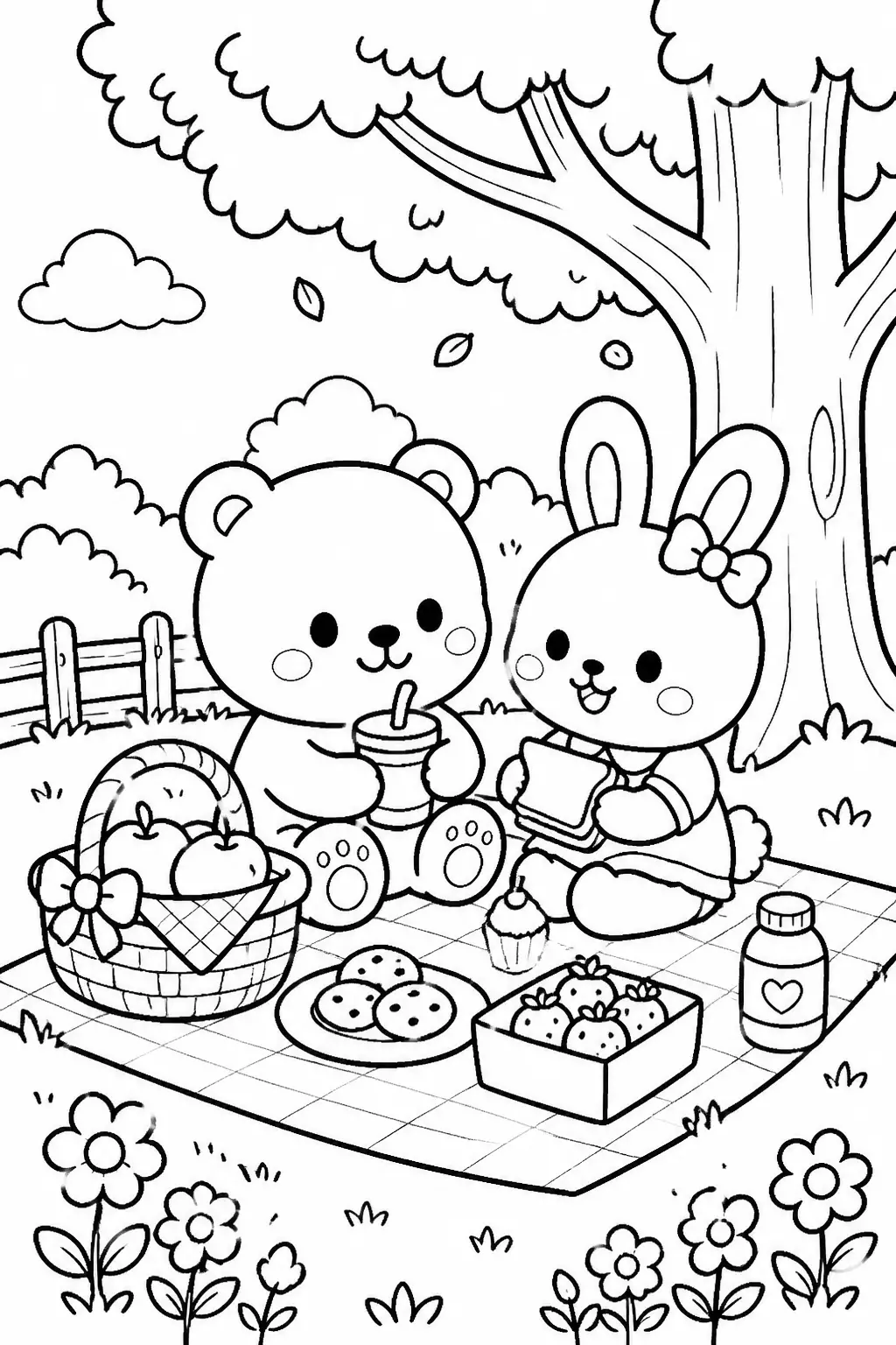 Desenho de Coco Wyo Urso e Coelho em Piquenique para Colorir