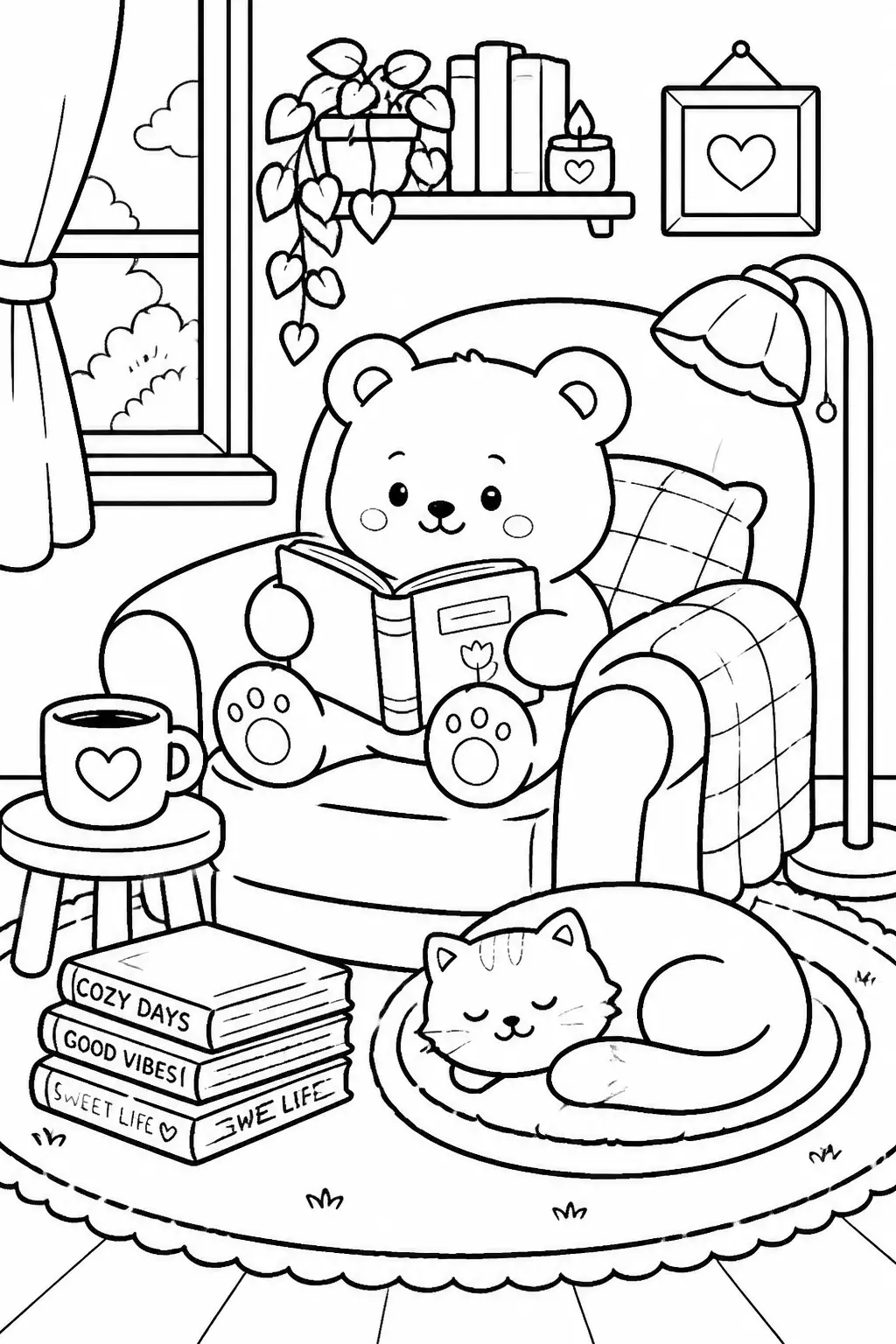 Desenho de Coco Wyo Urso Lendo em Poltrona Aconchegante para Colorir