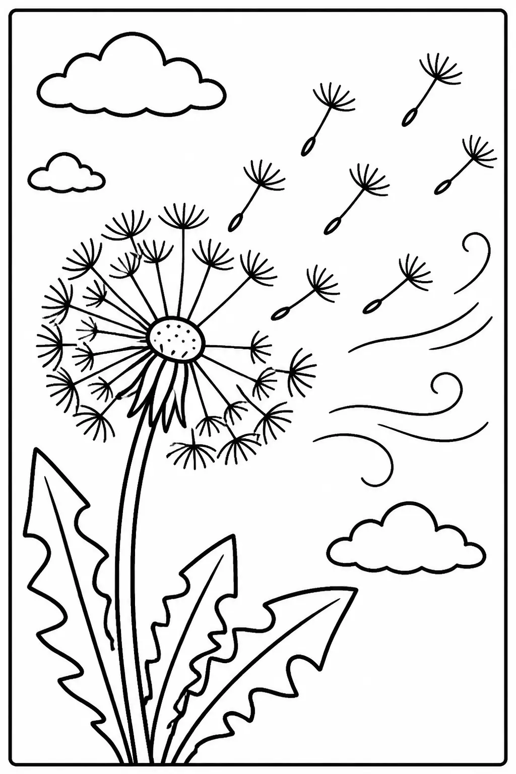 Desenho de Dente de Leão com Sementes ao Vento para Colorir