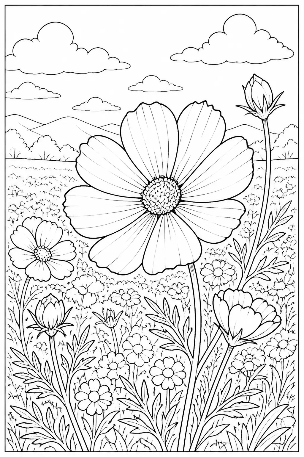 Desenho de Flores Coloridas em Campo para Colorir
