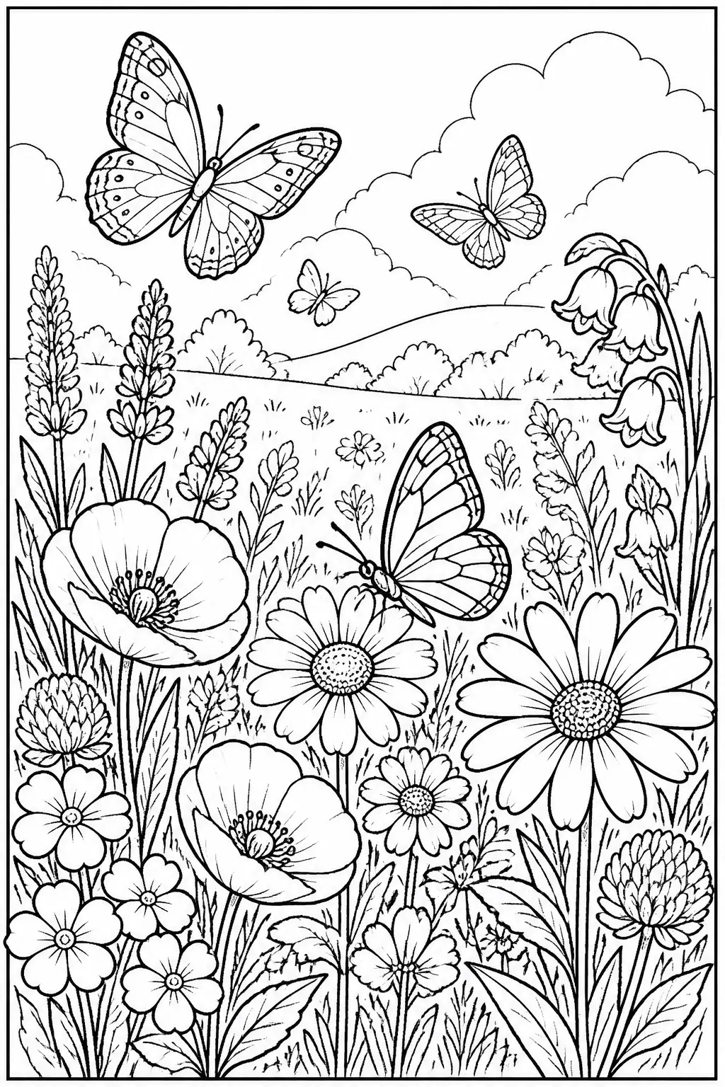 Desenho de Flores Silvestres com Borboletas para Colorir