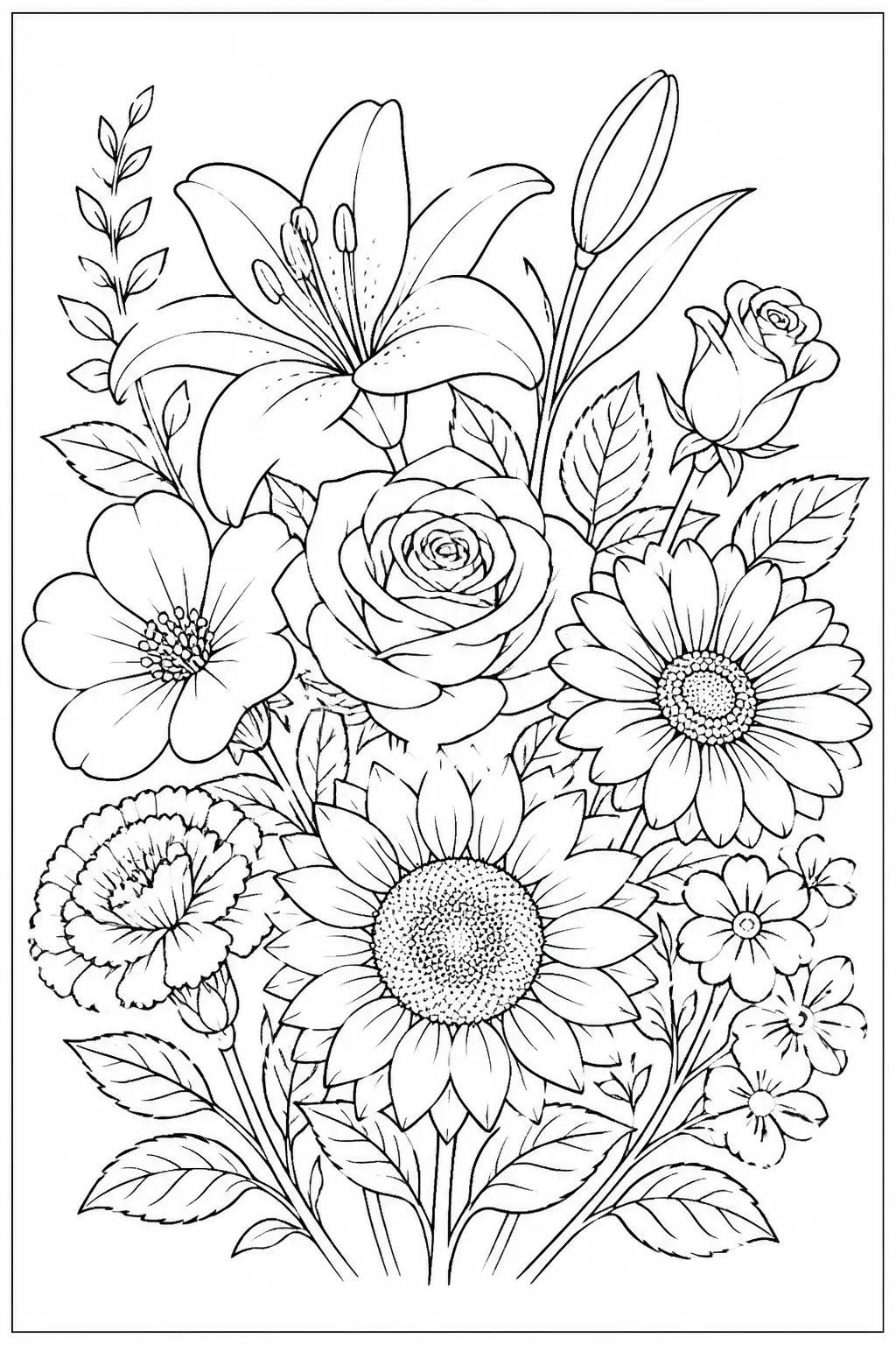 Desenho de Flores Variadas em Um Buquê para Colorir
