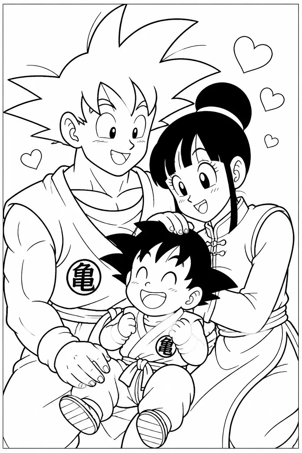 Desenho de Goku com Chi Chi e Goten para Colorir