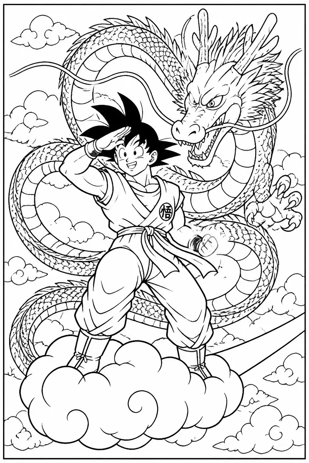 Desenho de Goku com Shenlong na Nuvem Voadora para Colorir