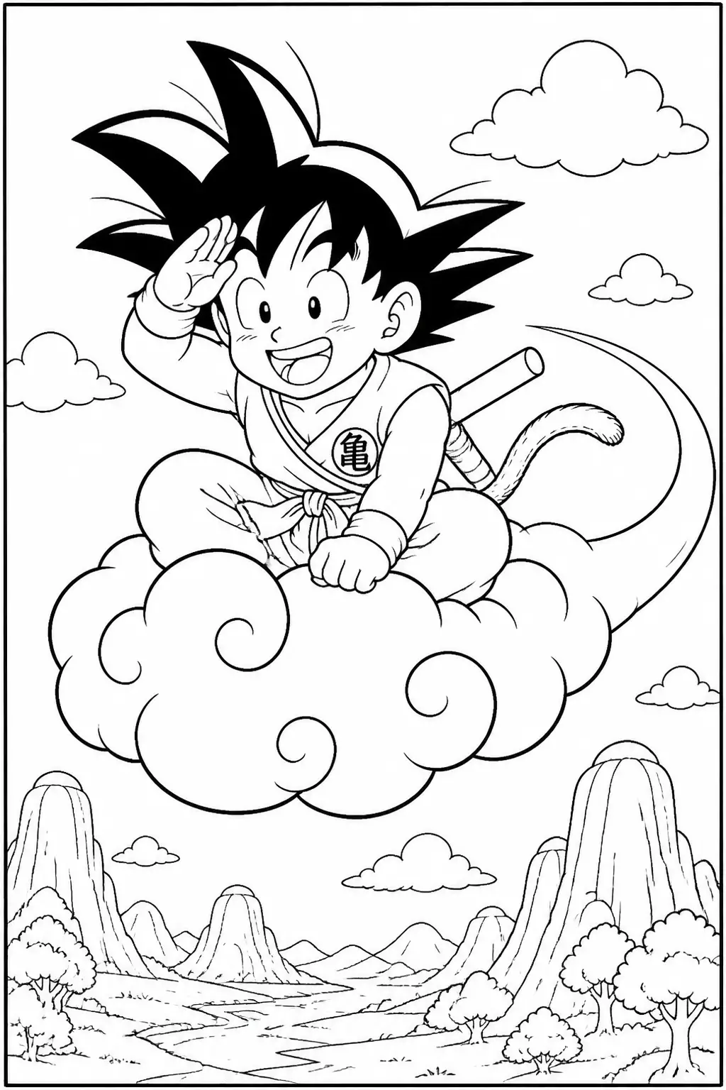 Desenho de Goku Criança Acenando na Nuvem Voadora para Colorir
