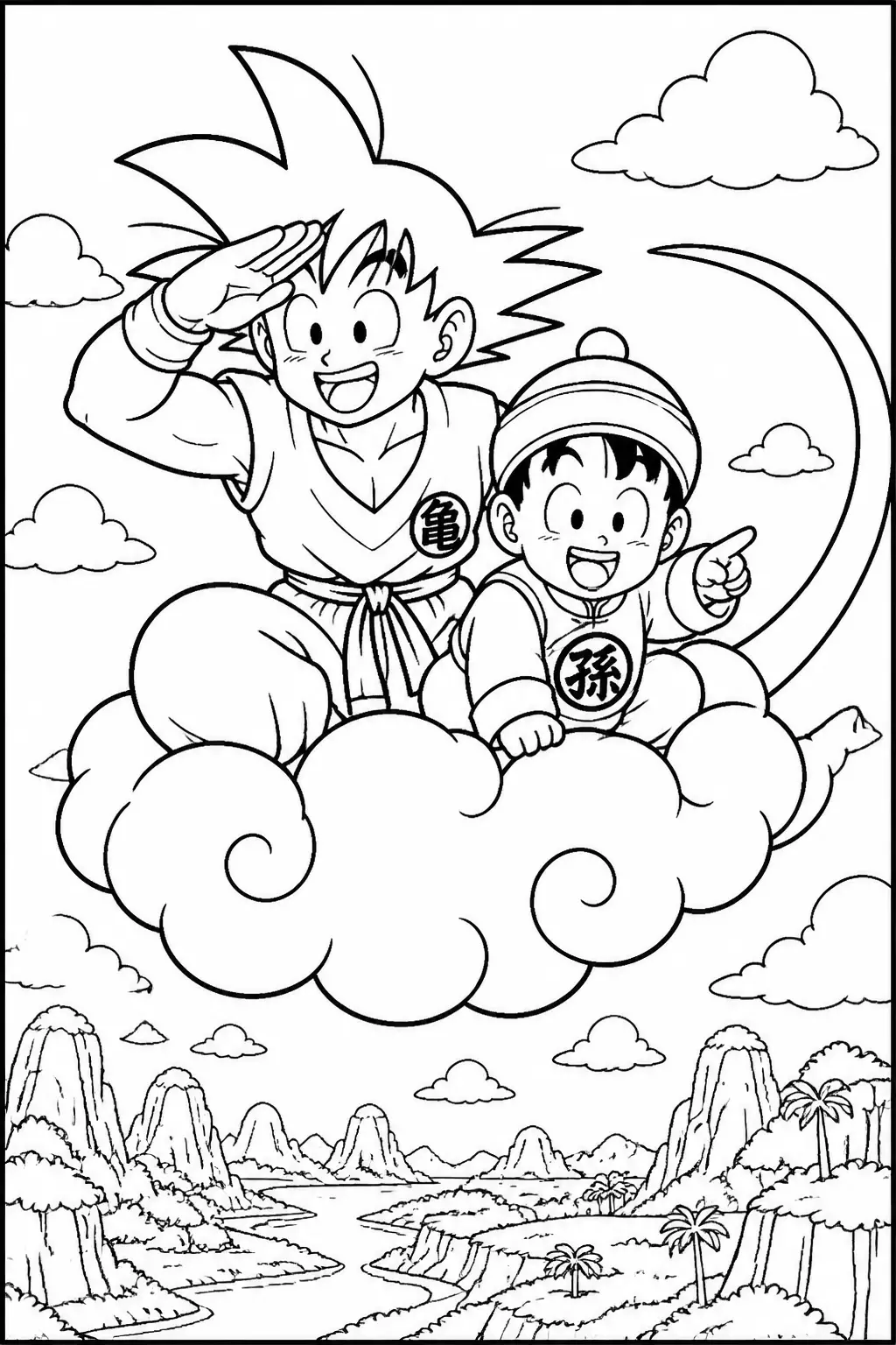 Desenho de Goku e Krillin na Nuvem Voadora para Colorir