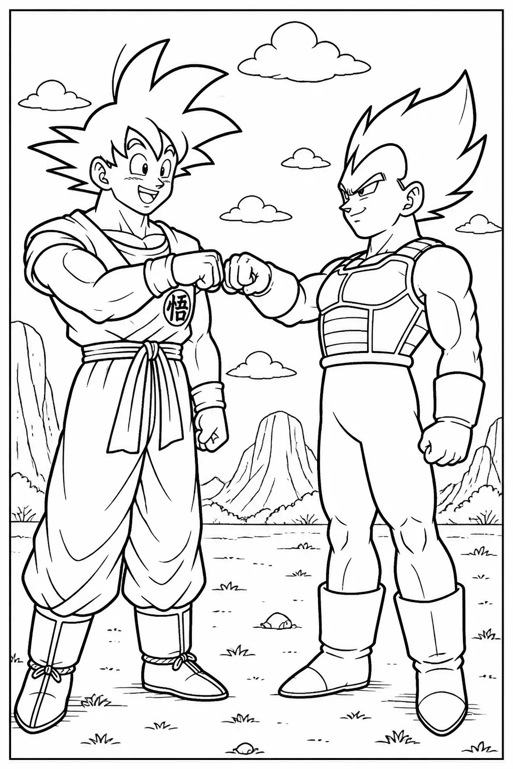 Desenho de Goku e Vegeta se Cumprimentando para Colorir