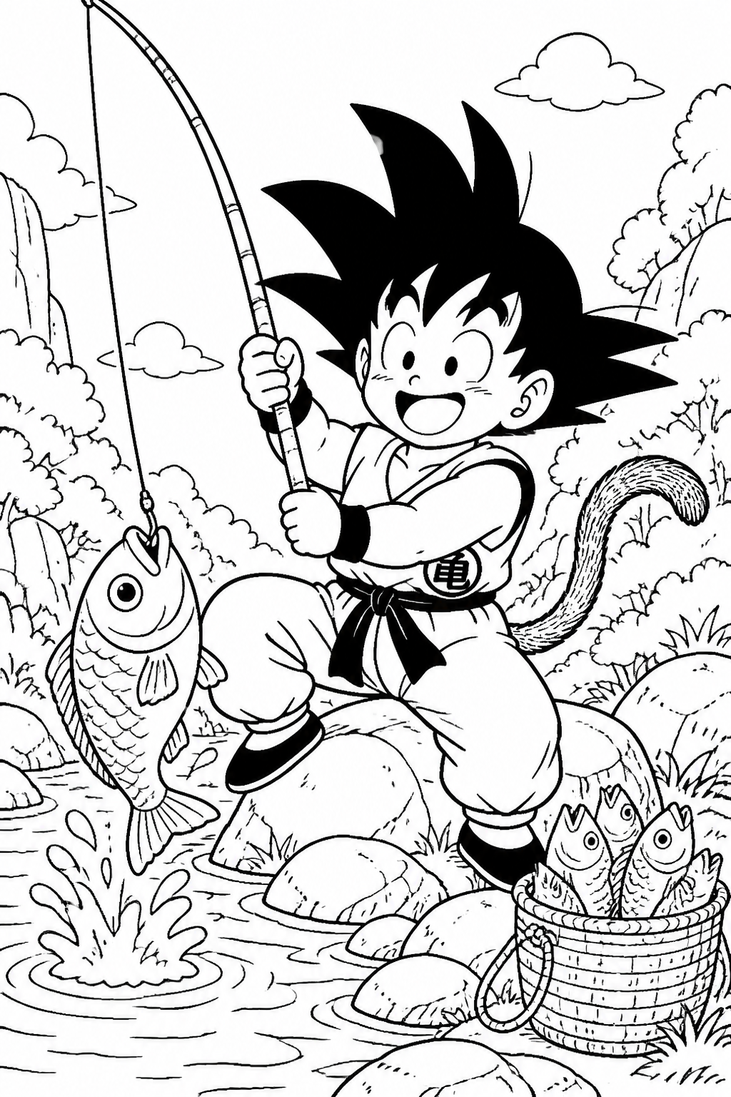 Desenho de Goku Pescando para Colorir