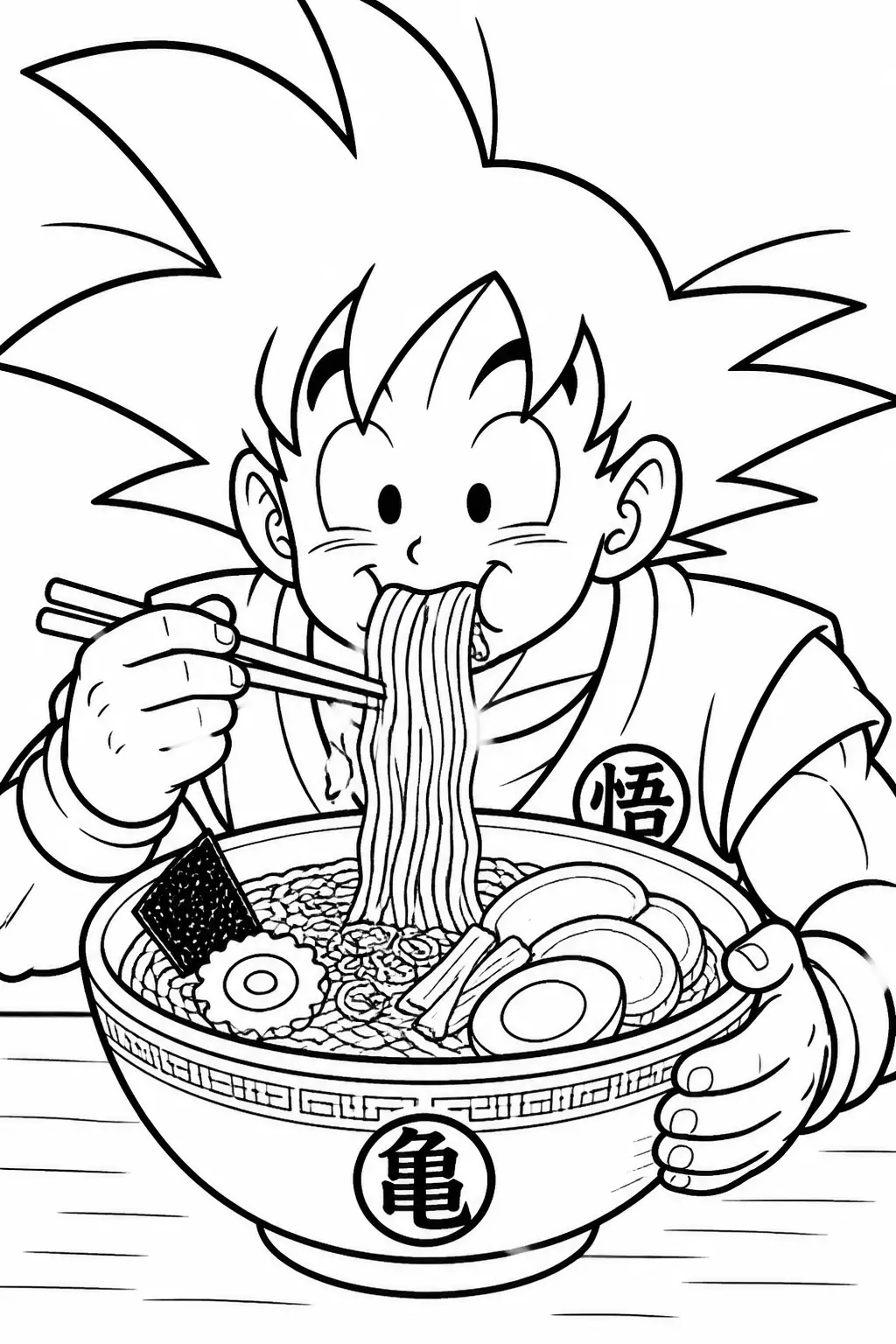 Desenho de Goku Saboreando Ramen para Colorir
