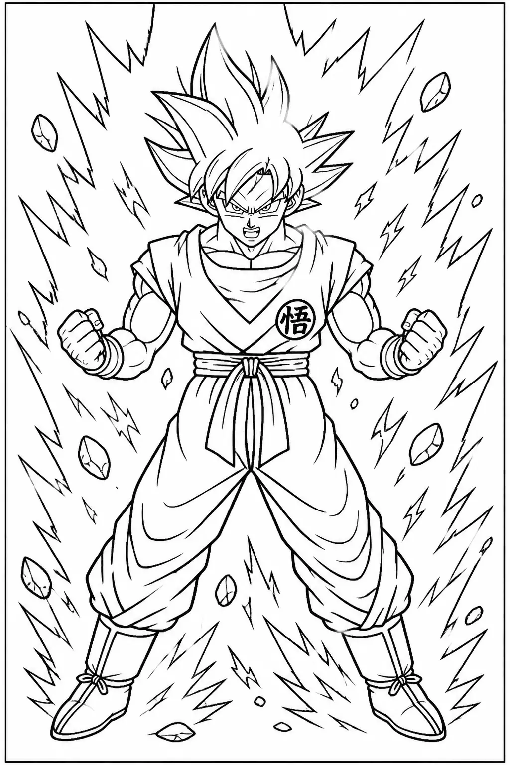 Desenho de Goku Super Saiyan Pronto para Colorir com Poderes Energéticos