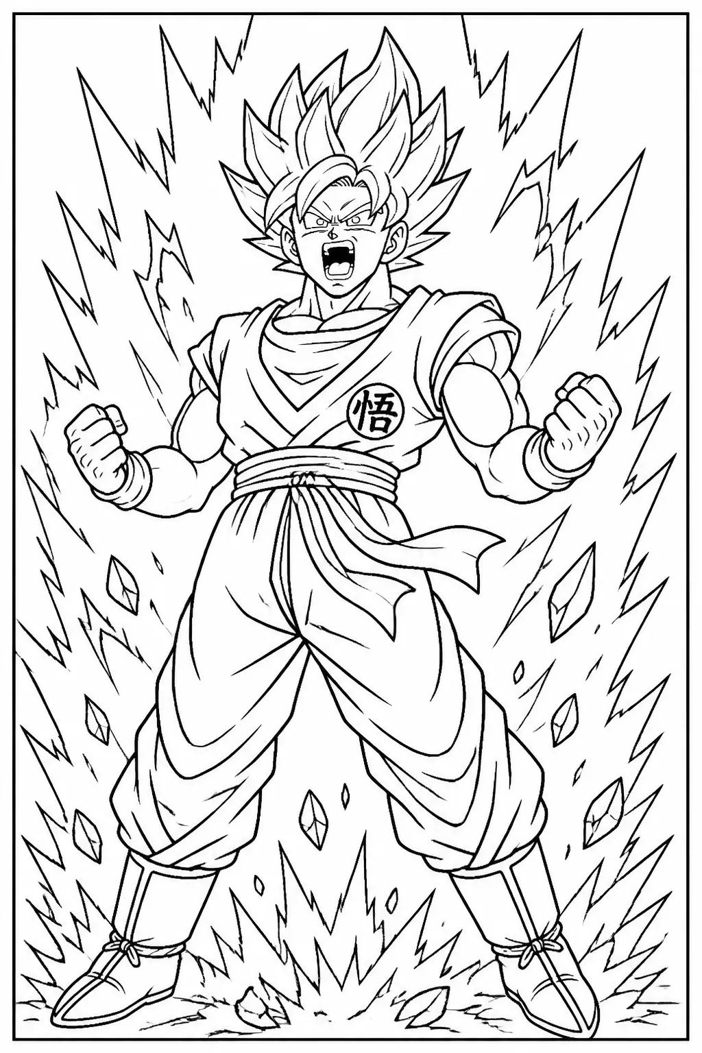 Desenho de Goku Super Saiyan Pronto para Colorir com Poderes Explosivos