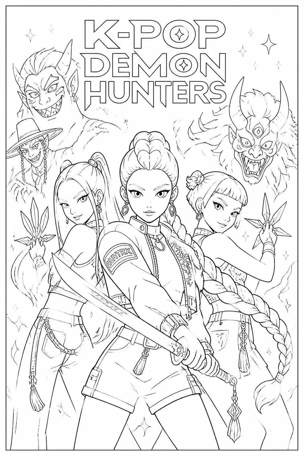 Desenho de Guerreiras do K Pop em Pose de Luta para Colorir